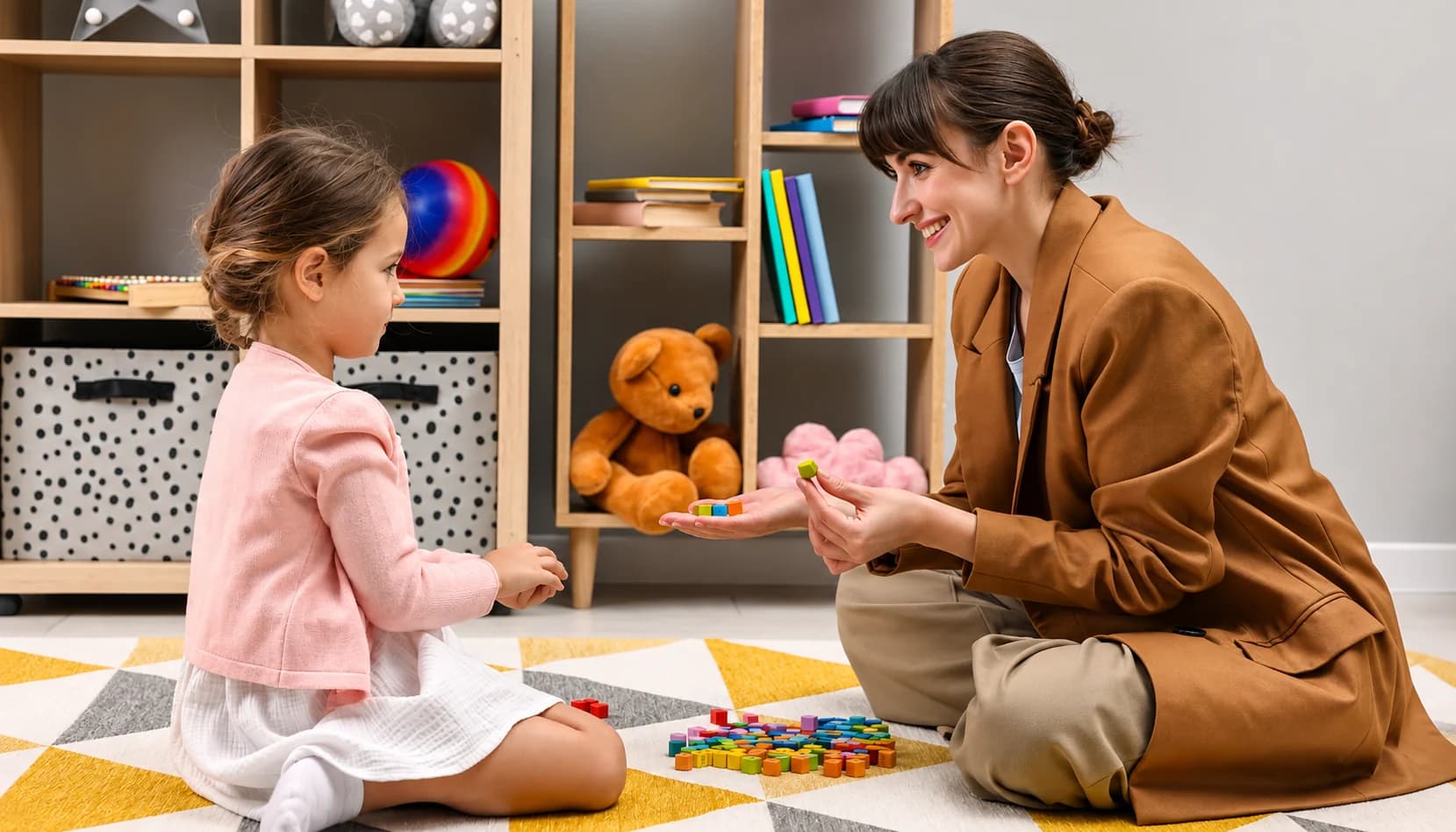A therapist and a young child sitting on a rug, passing colored wooden blocks between them.